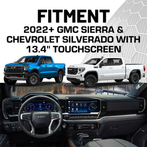 RubiGrid® 2022+ GMC Sierra + Chevrolet Silverado Dash Mount 13.4" Screen with Black Arms