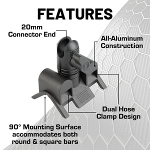 Adjustable Dual Hose Bar Clamp Mount with 20mm Connector End Nubby Edition - Fits Bars 1 to 3 inches Diameter