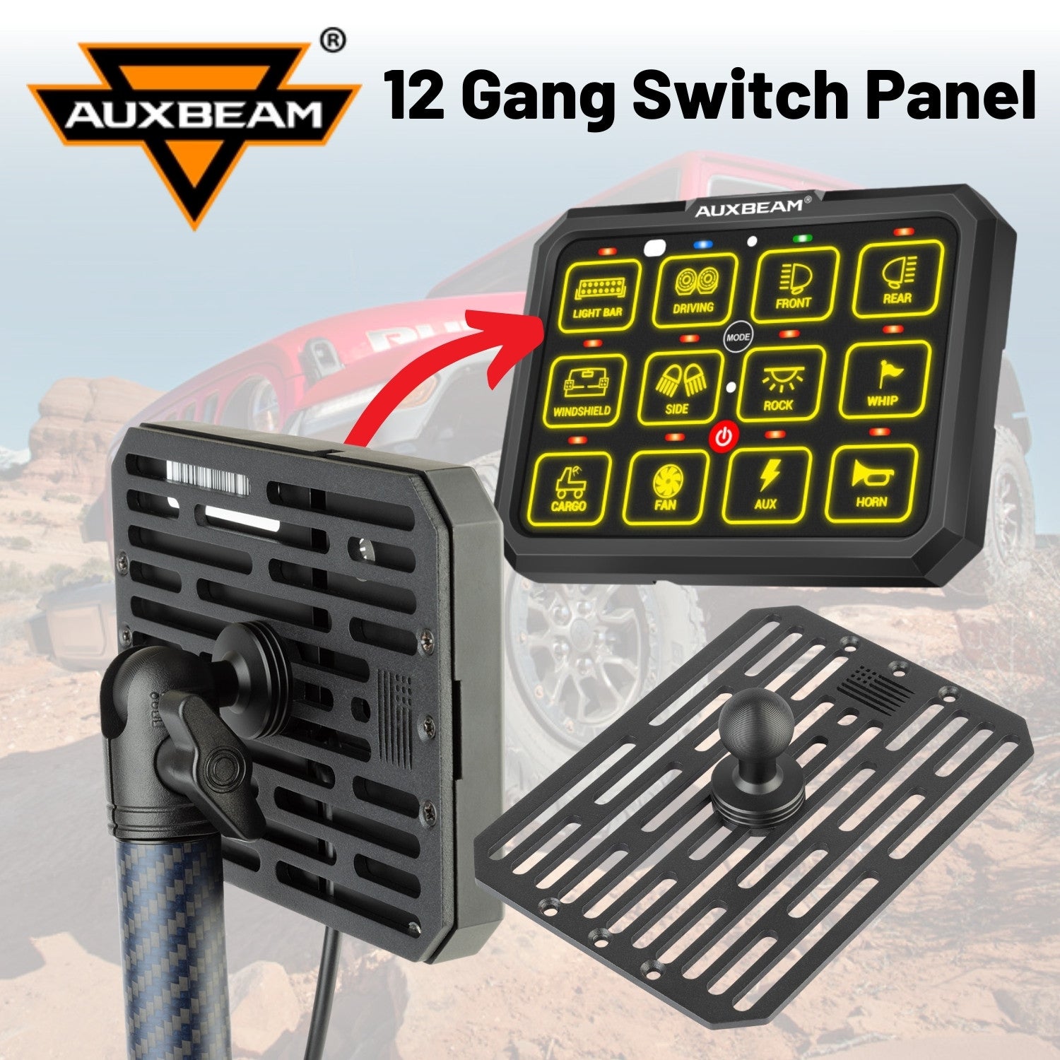 Auxbeam 12 Gang Switch Panel Mount with 20mm Ball