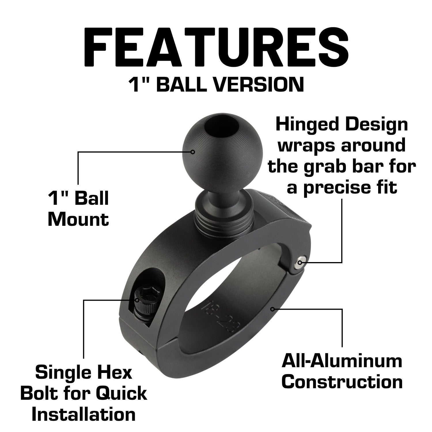 Passenger Grab Bar Mount compatible with 2018-2023 Jeep Wrangler JL & 2020-2023 Jeep Gladiator - B Size 1 inch Ball