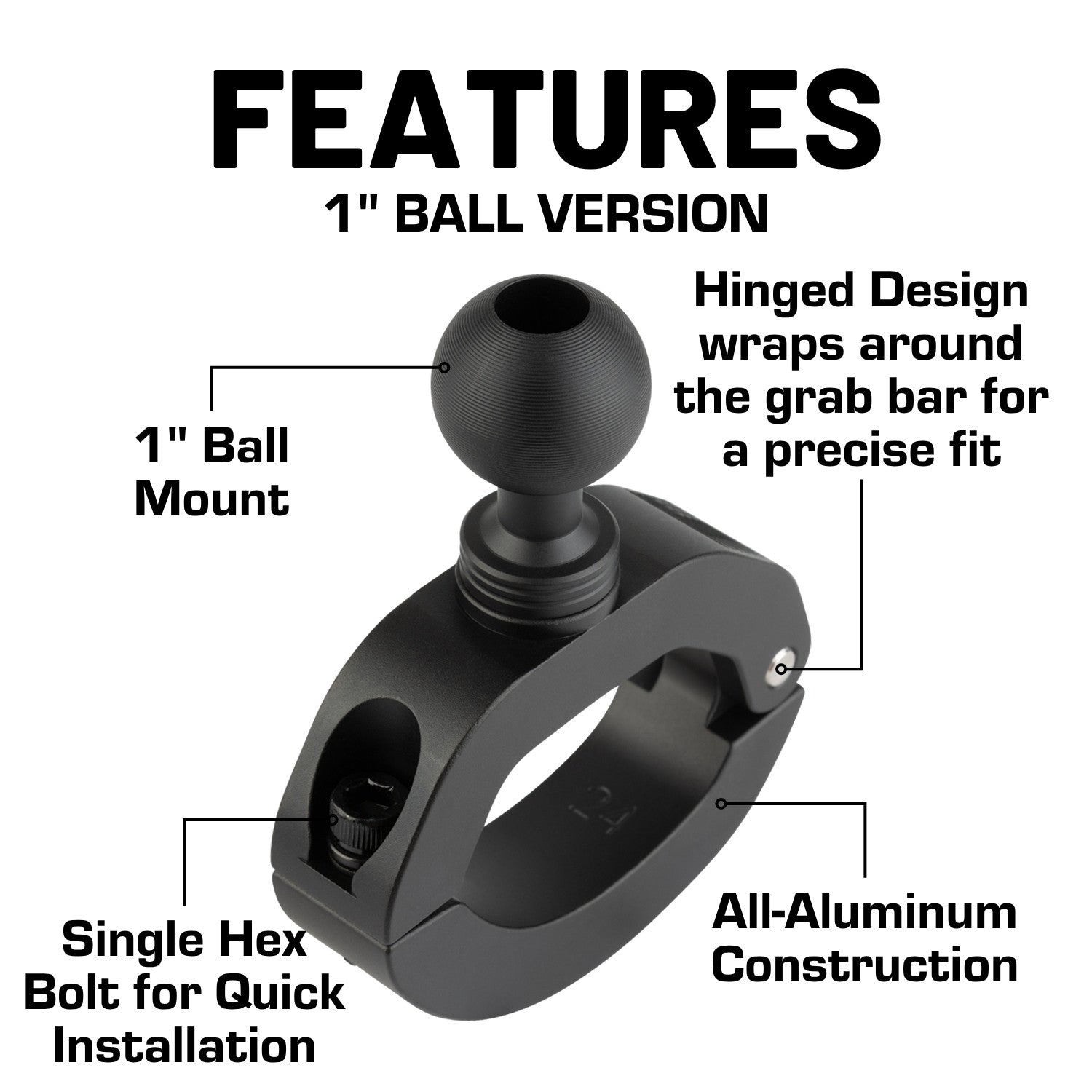 Passenger Grab Bar Mount compatible with 2024+ Jeep Wrangler JL, 4xe & Gladiator - B Size 1 inch Ball