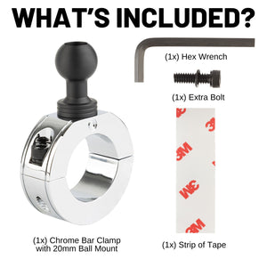 Chrome Bar Clamp Mounts with 20mm Ball (various sizes)