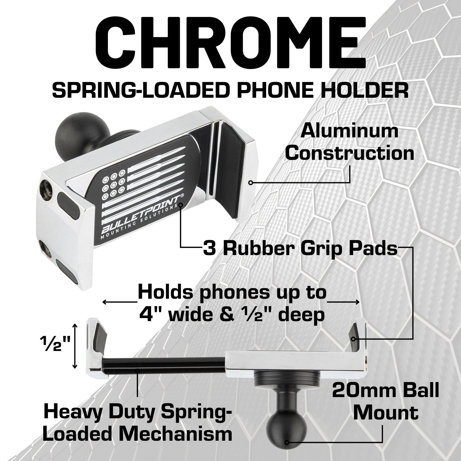 Chrome Spring-Loaded Universal Phone Holder with 20mm Ball
