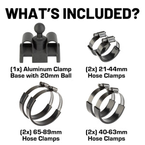 Adjustable Dual Hose Clamp Bar Mount with 20mm Ball - Fits Bars 1 to 3 inches Diameter