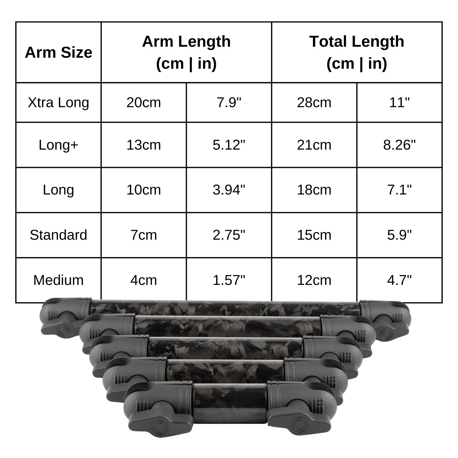 Forged Carbon Fiber Mounting Arms with 20mm Connector Ends - Various Sizes