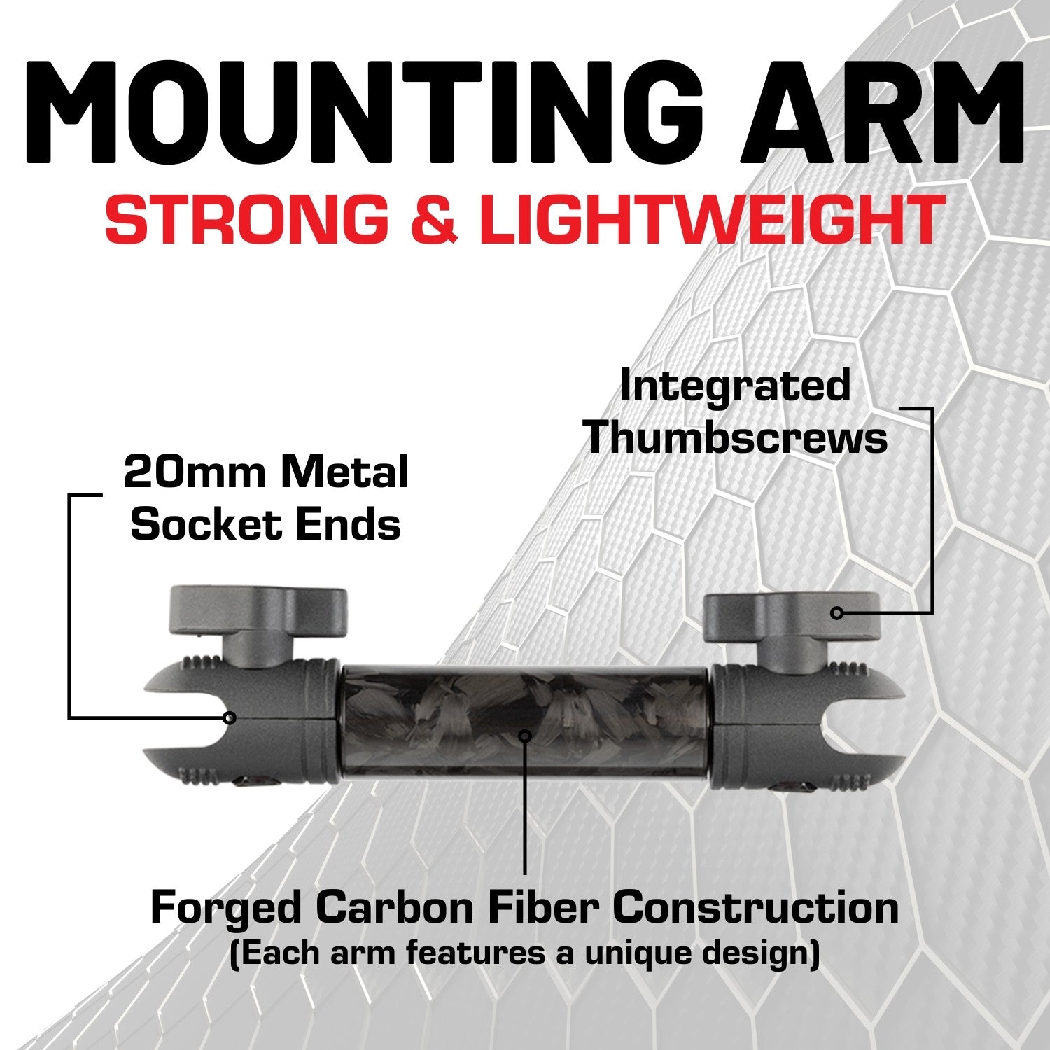 Forged Carbon Fiber Mounting Arms with 20mm Connector Ends - Various Sizes