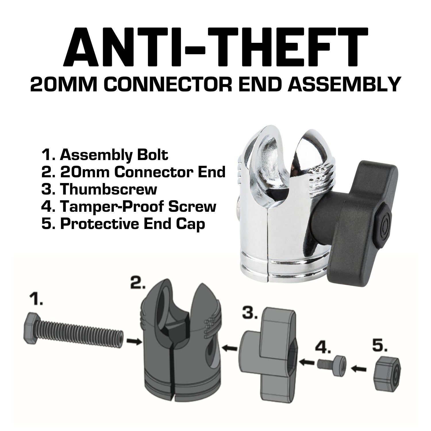 Pair of Chrome Anti-Theft 20mm Connector Ends - Tamper-Proof Security for Device Holders