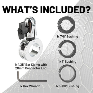Multi-Size Chrome Bar Clamp with 20mm Connector End compatible with 7/8" to 1.25" Bars