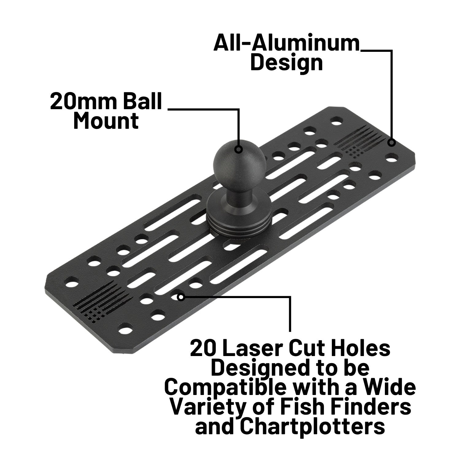 Universal Fish Finder Mount with 20mm Ball - Aluminum Marine Device Plate compatible with Garmin / Lowrance / Humminbird / Raymarine