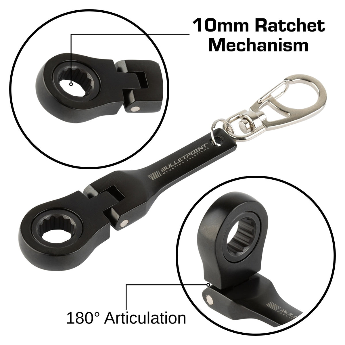 Bulletpoint 10mm Flex Head Ratcheting Socket Wrench Keychain with Carabiner