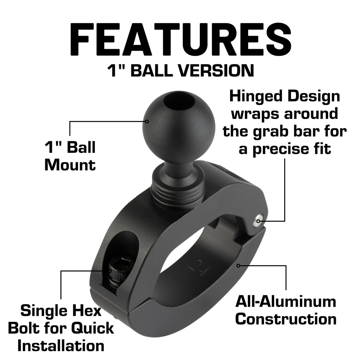 Passenger Grab Bar Mount compatible with 2024+ Jeep Wrangler JL, 4xe &amp; Gladiator - B Size 1 inch Ball
