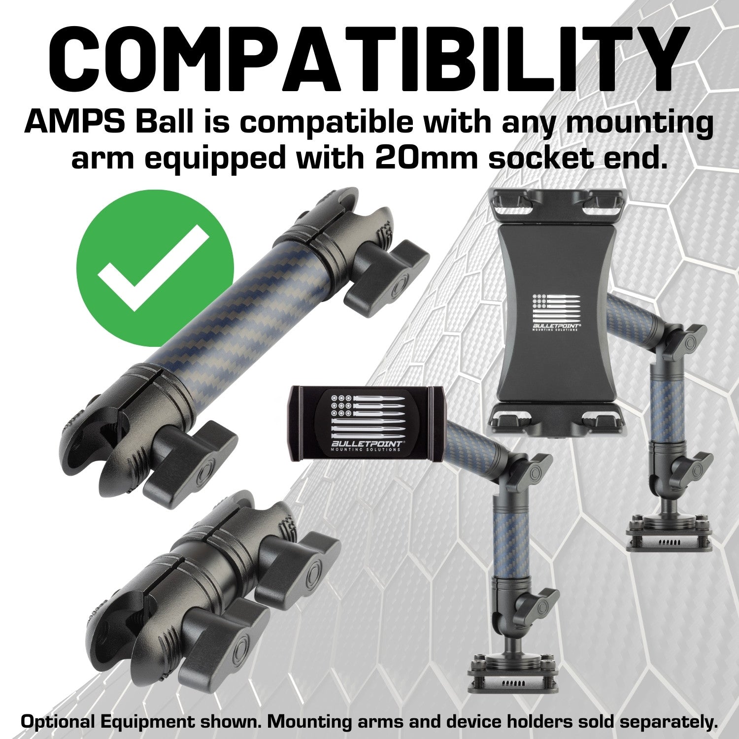 4-Hole AMPS Mounting Plate with 20mm Ball Mount + Metal Backing Plate (includes Installation Hardware)