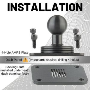 4-Hole AMPS Mounting Plate with 20mm Ball Mount + Metal Backing Plate (includes Installation Hardware)