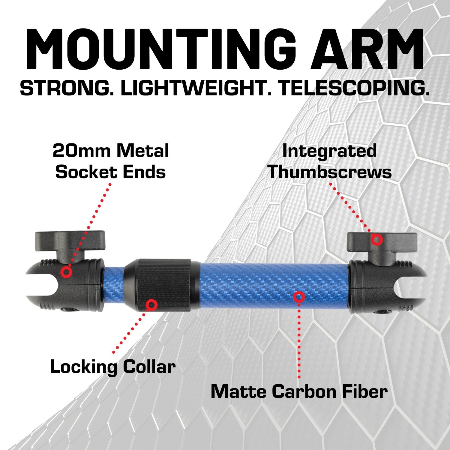 Telescoping Matte Color Carbon Fiber Mounting Arms with 20mm Connector Ends