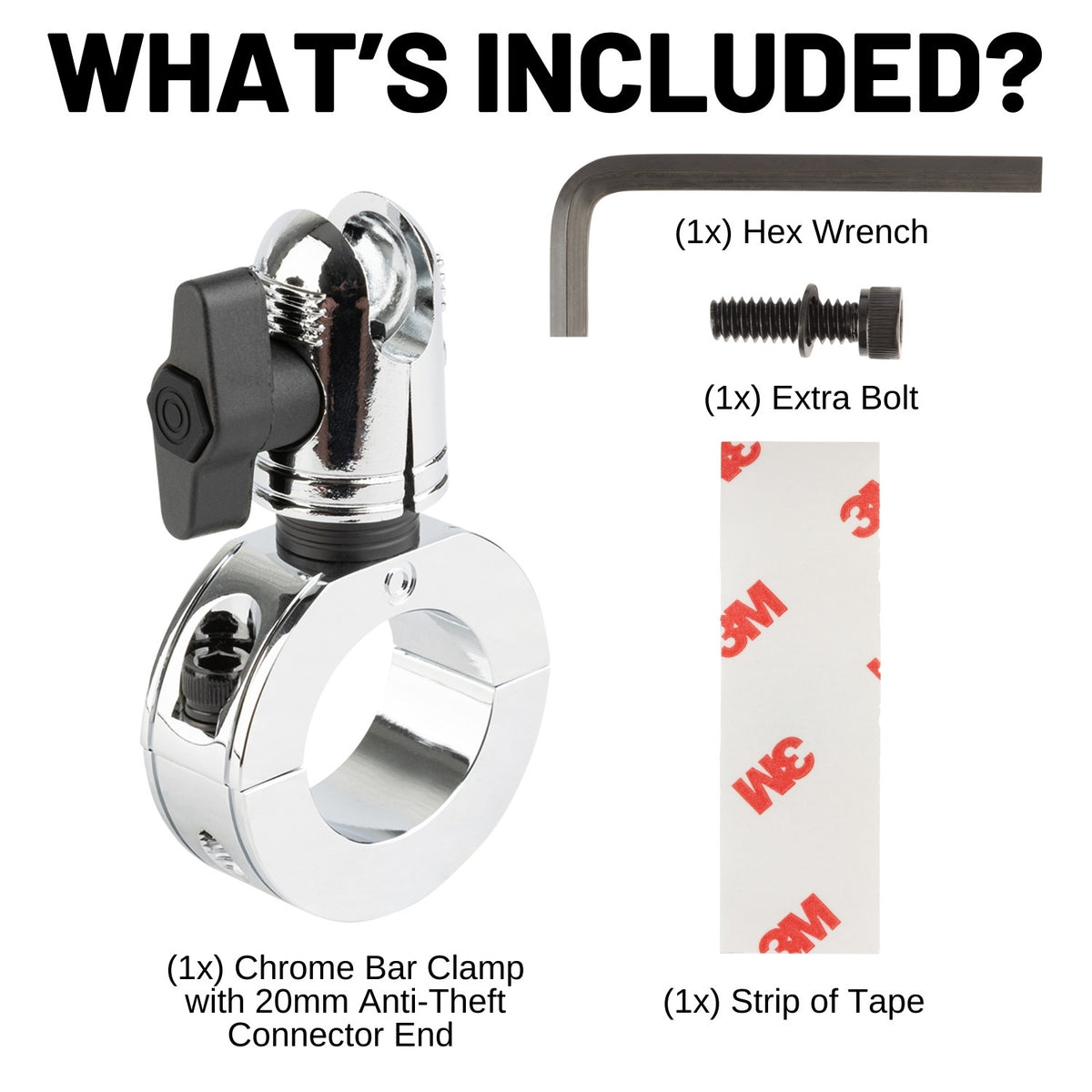 Chrome Bar Clamp Mounts with 20mm Anti-Theft Connector End Nubby Edition (various sizes)