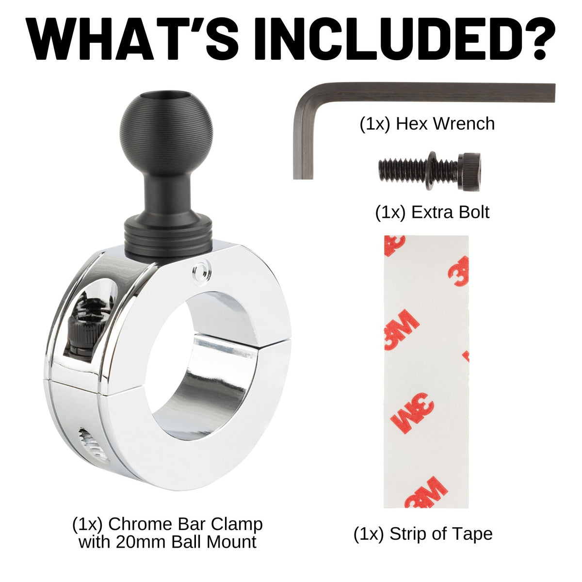 Chrome Bar Clamp Mounts with 20mm Ball (various sizes)