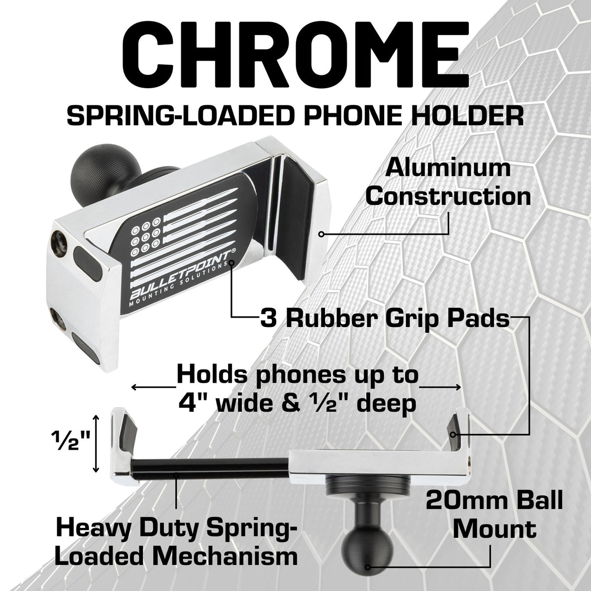 Chrome Spring-Loaded Universal Phone Holder with 20mm Ball