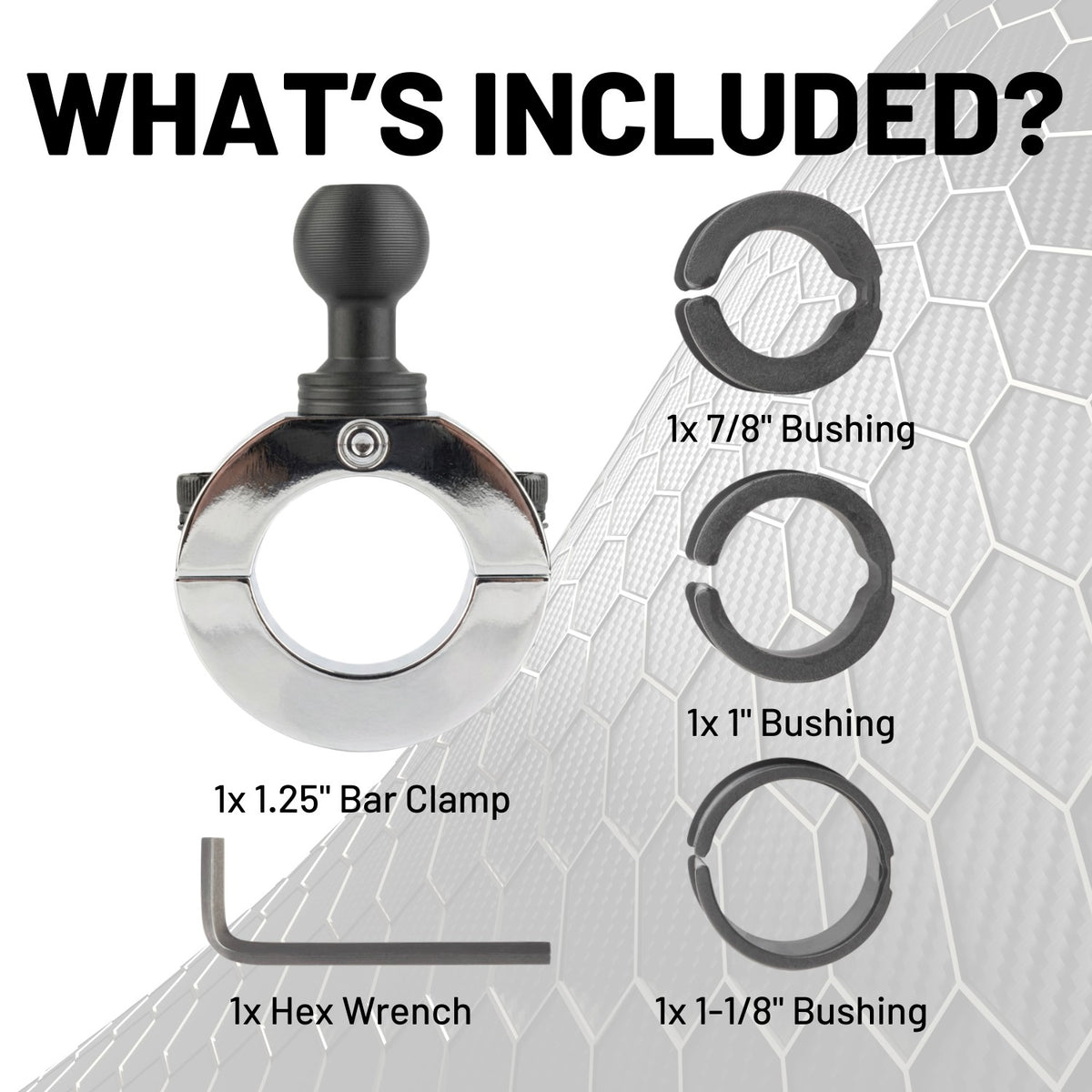 Multi-Size Chrome Bar Clamp with 20mm Ball compatible with 7/8&quot; to 1.25&quot; Bars