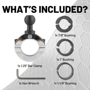 Multi-Size Chrome Bar Clamp with 20mm Ball compatible with 7/8" to 1.25" Bars