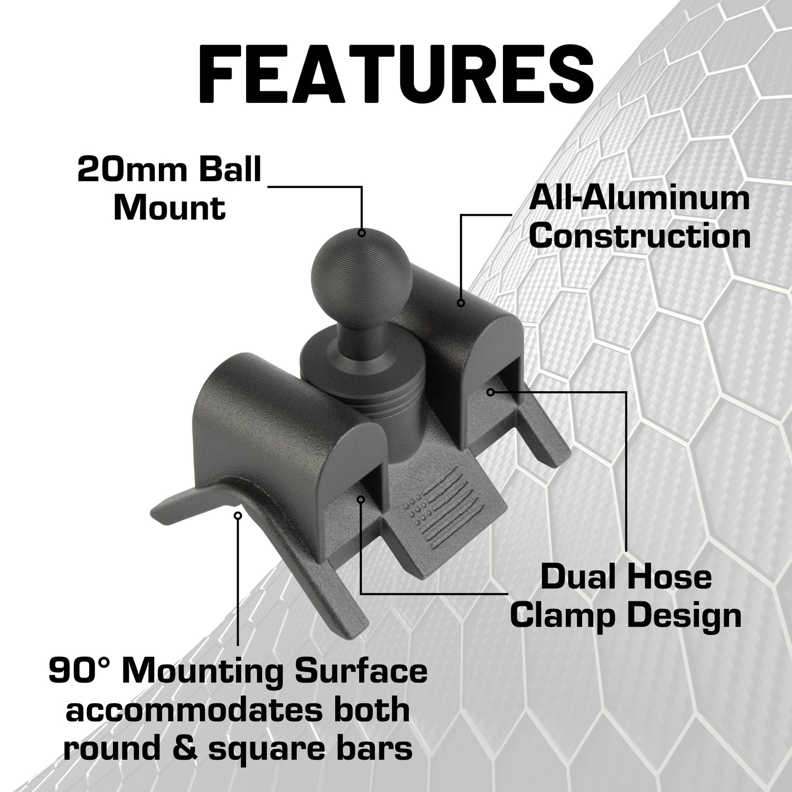 Adjustable Dual Hose Clamp Bar Mount with 20mm Ball - Fits Bars 1 to 3 inches Diameter