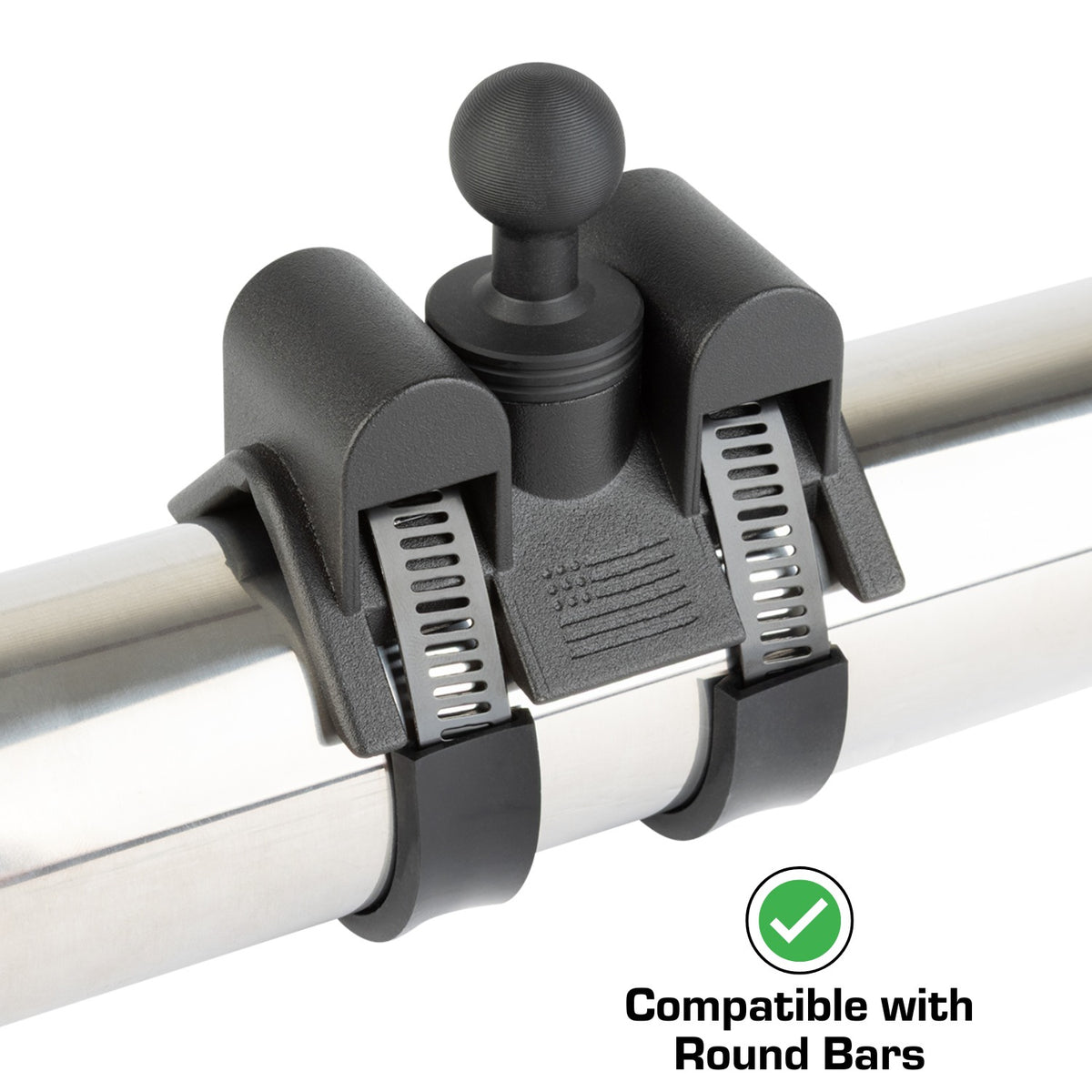 Adjustable Dual Hose Clamp Bar Mount with 20mm Ball - Fits Bars 1 to 3 inches Diameter