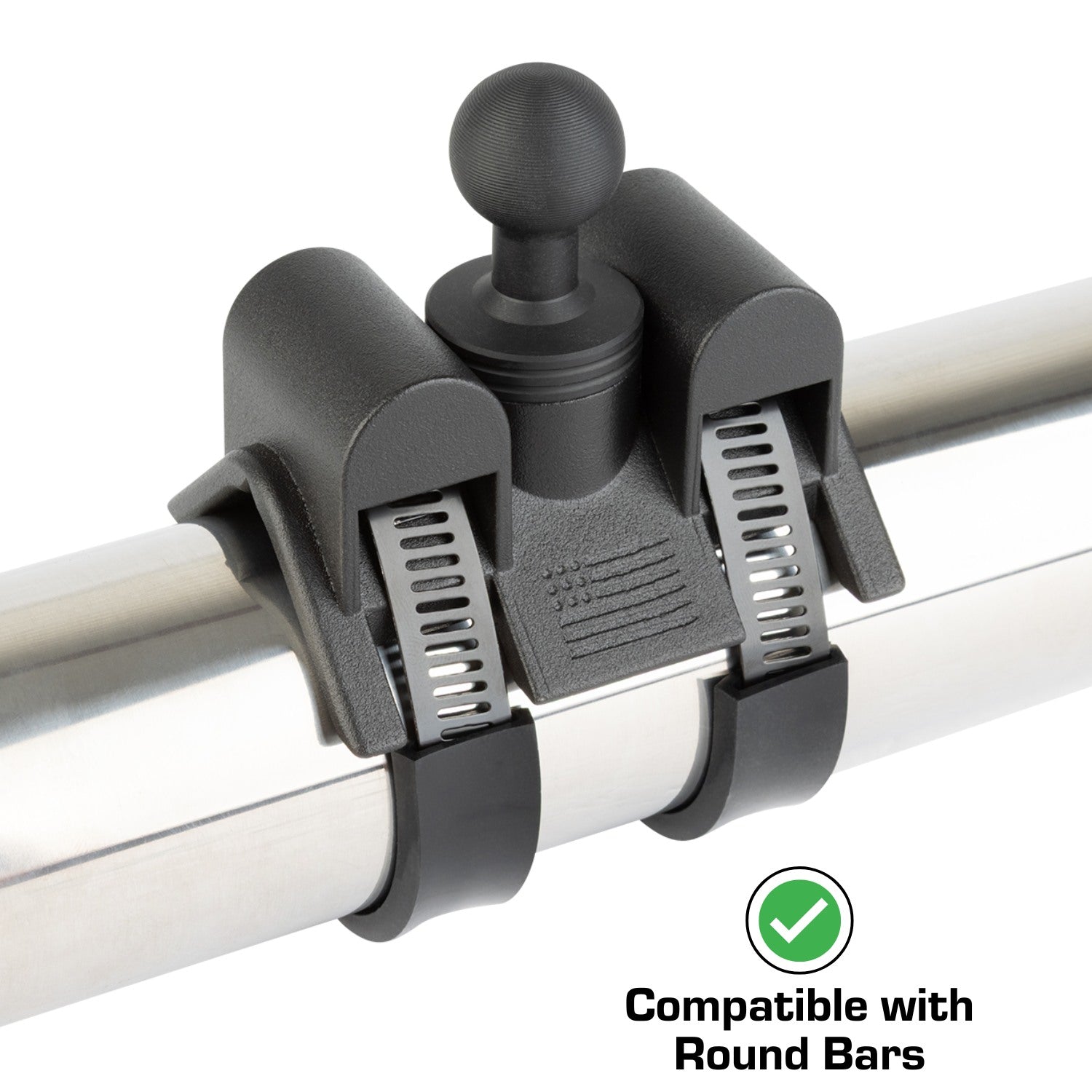 Adjustable Dual Hose Clamp Bar Mount with 20mm Ball - Fits Bars 1 to 3 inches Diameter