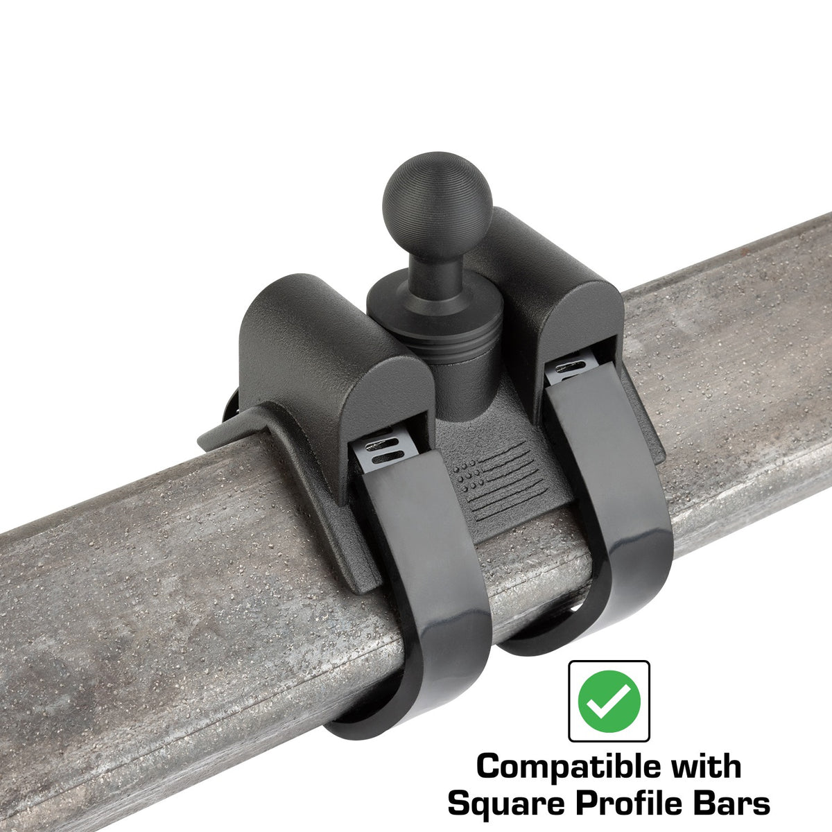 Adjustable Dual Hose Clamp Bar Mount with 20mm Ball - Fits Bars 1 to 3 inches Diameter