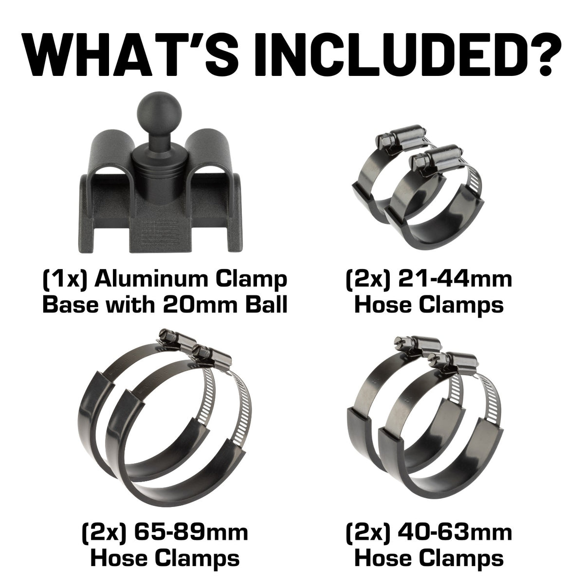 Adjustable Dual Hose Clamp Bar Mount with 20mm Ball - Fits Bars 1 to 3 inches Diameter