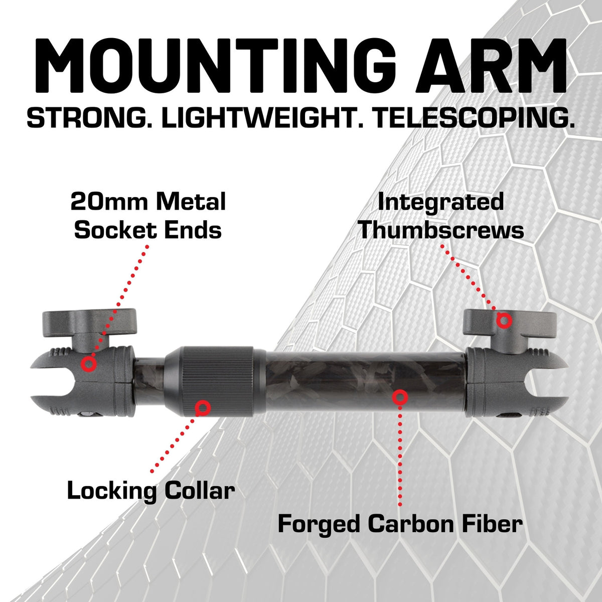 Telescoping Forged Carbon Fiber Mounting Arms with 20mm Connector Ends