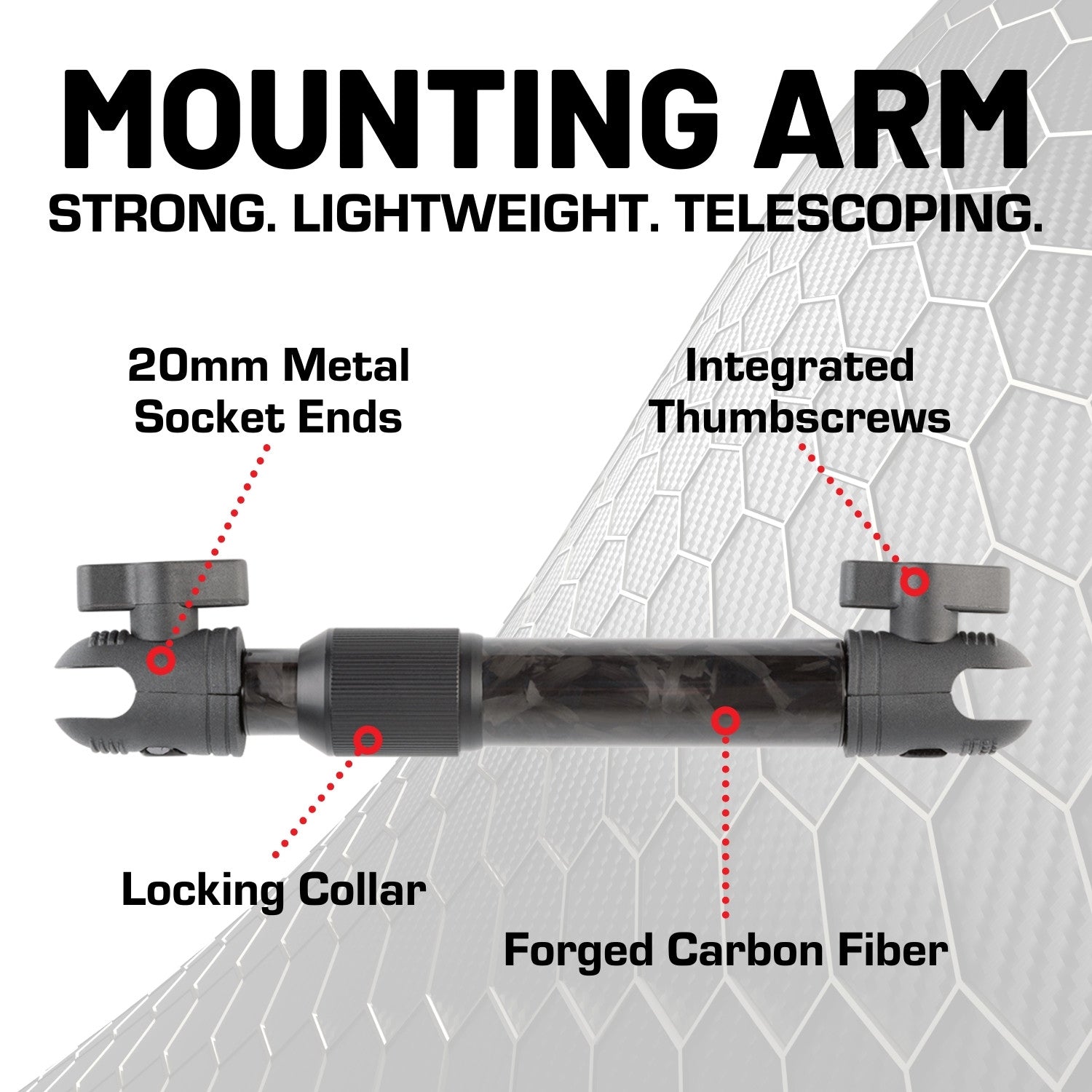 Telescoping Forged Carbon Fiber Mounting Arms with 20mm Connector Ends
