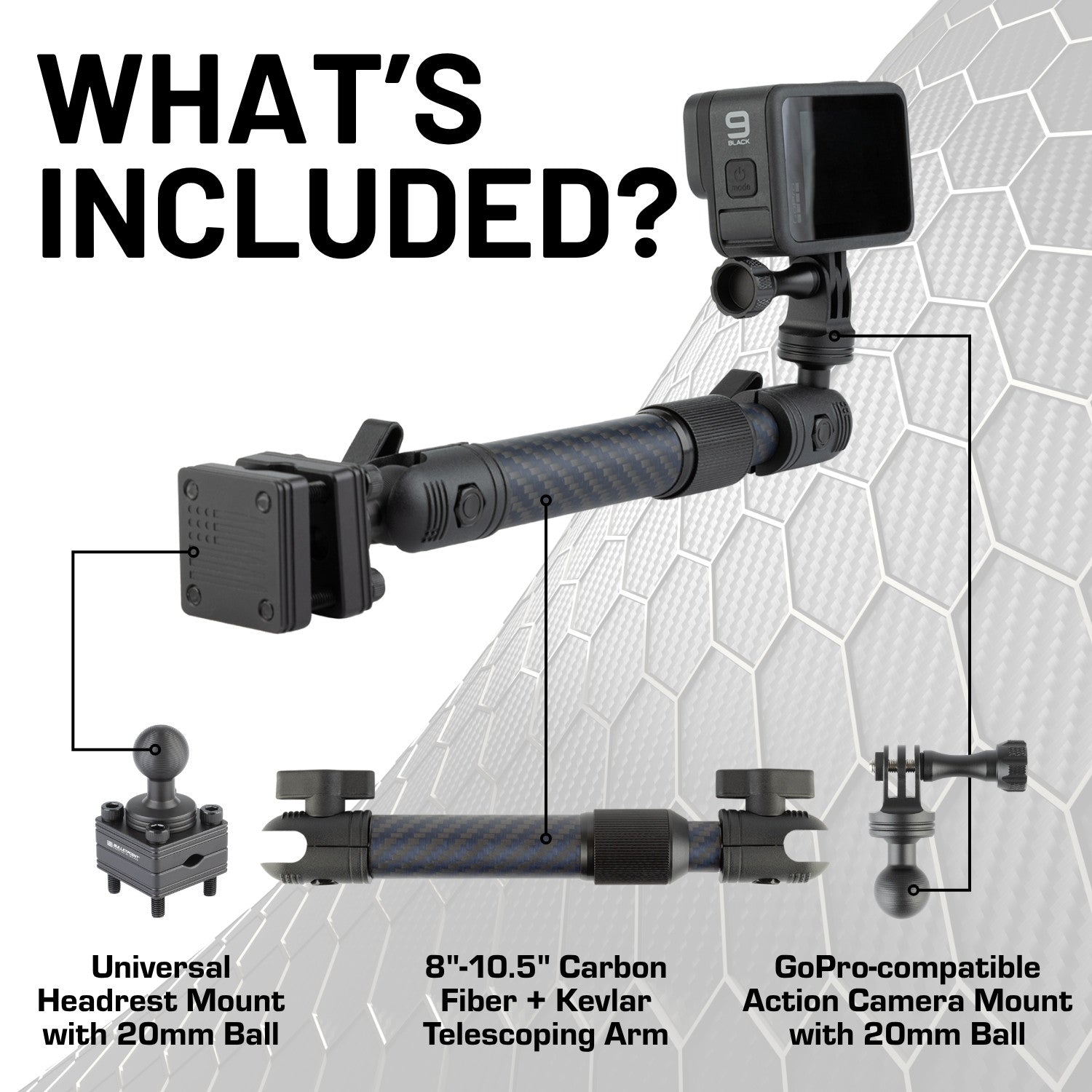 Action Camera Headrest Mount with Adjustable Telescoping Arm