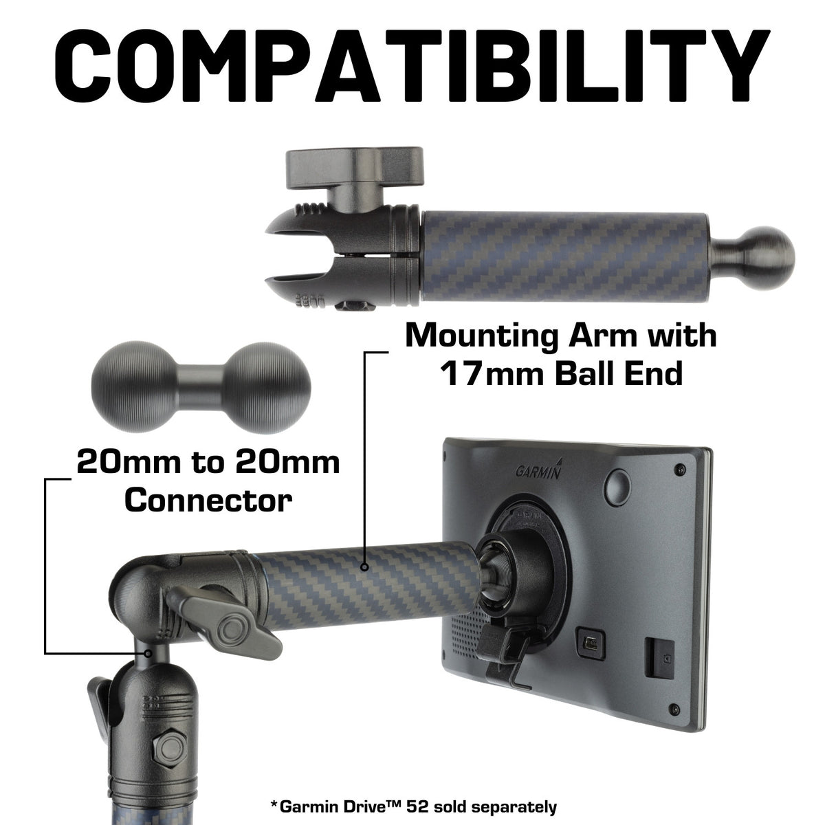 Carbon Fiber/Kevlar Hybrid Mount Arm with 17mm Ball - Compatible with Select GPS, Ipad and Wireless Phone Chargers