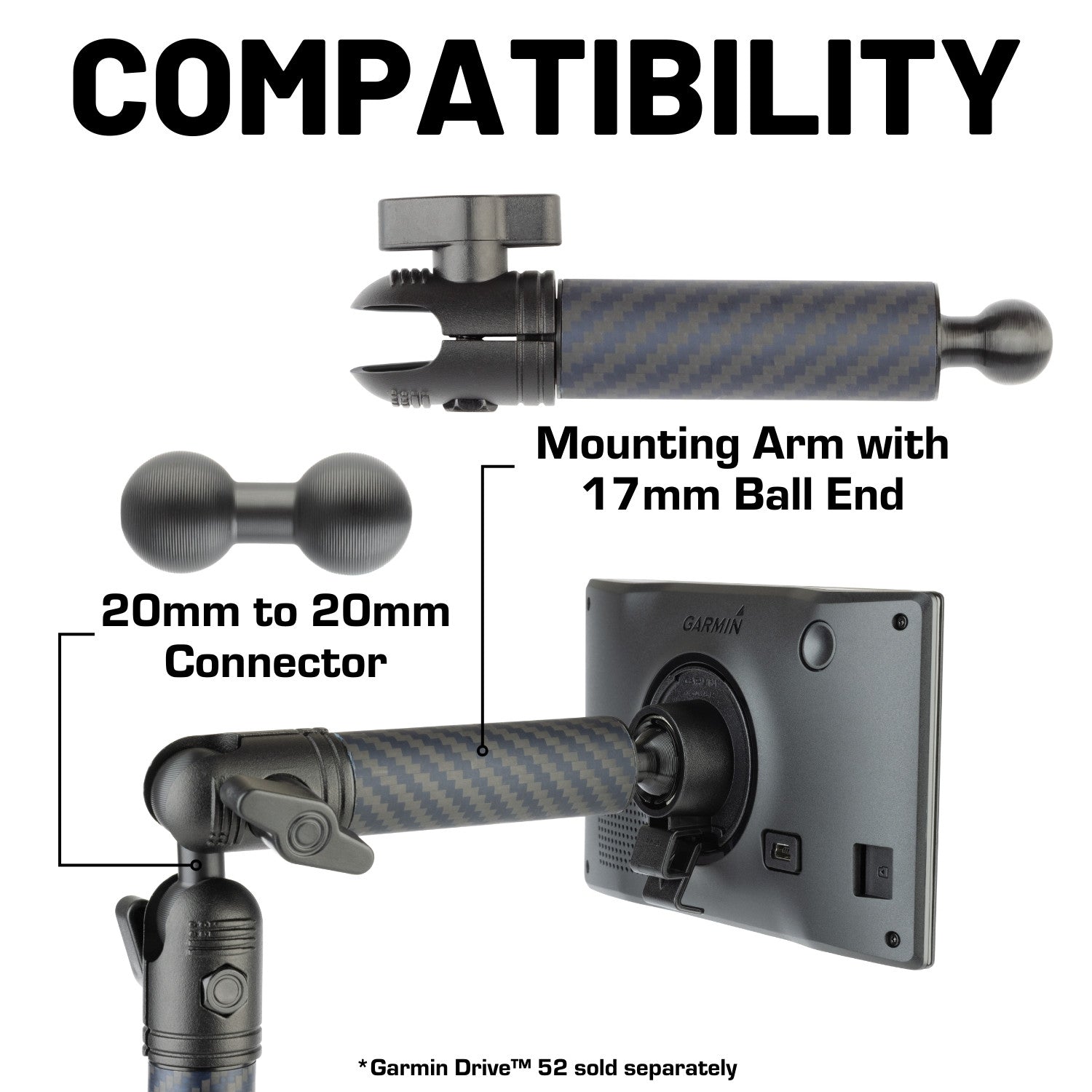 Carbon Fiber/Kevlar Hybrid Mount Arm with 17mm Ball - Compatible with Select GPS, Ipad and Wireless Phone Chargers