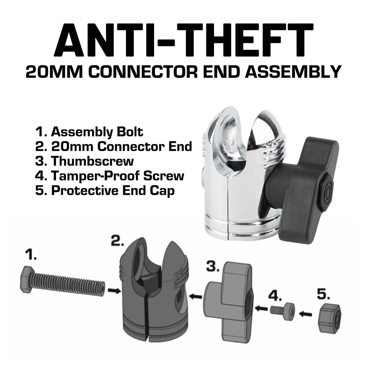 Pair of Chrome Anti-Theft 20mm Connector Ends - Tamper-Proof Security for Device Holders