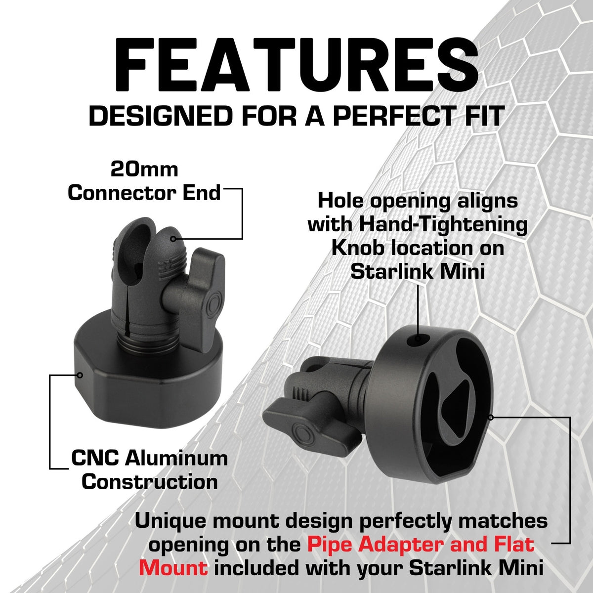 Starlink Mini CNC Aluminum Satellite Mount with 20mm Connector End Nubby Edition