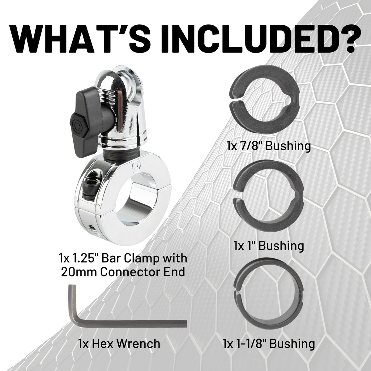 Multi-Size Chrome Bar Clamp with 20mm Connector End compatible with 7/8&quot; to 1.25&quot; Bars