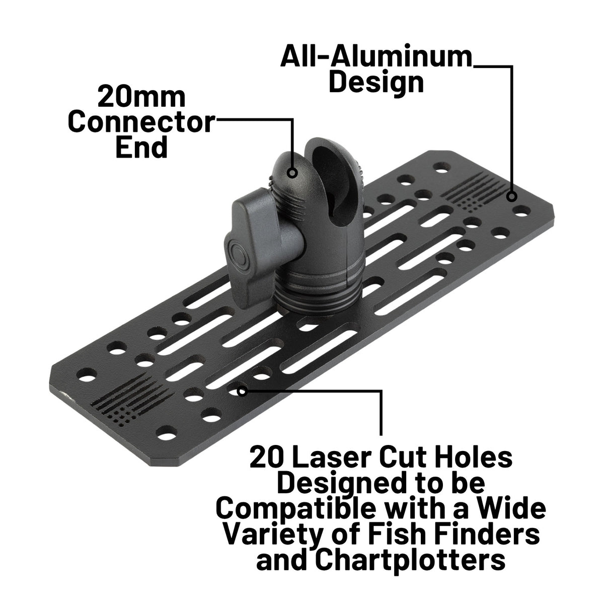 Universal Fish Finder Mount with 20mm Connector End Nubby Edition - Aluminum Marine Device Plate compatible with Garmin / Lowrance / Humminbird / Raymarine