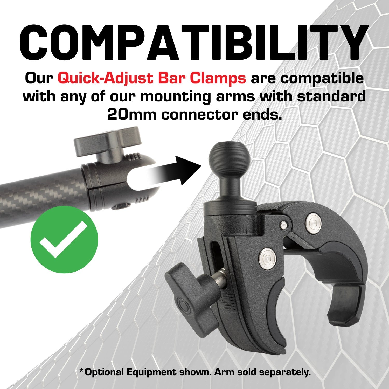 Quick-Adjust Bar Clamp Mount with 20mm Ball - Fits 0.5