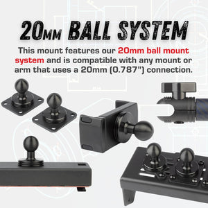 Headrest Bar Device Mount with Integrated 20mm Ball fits bars 3/8" to 5/8"