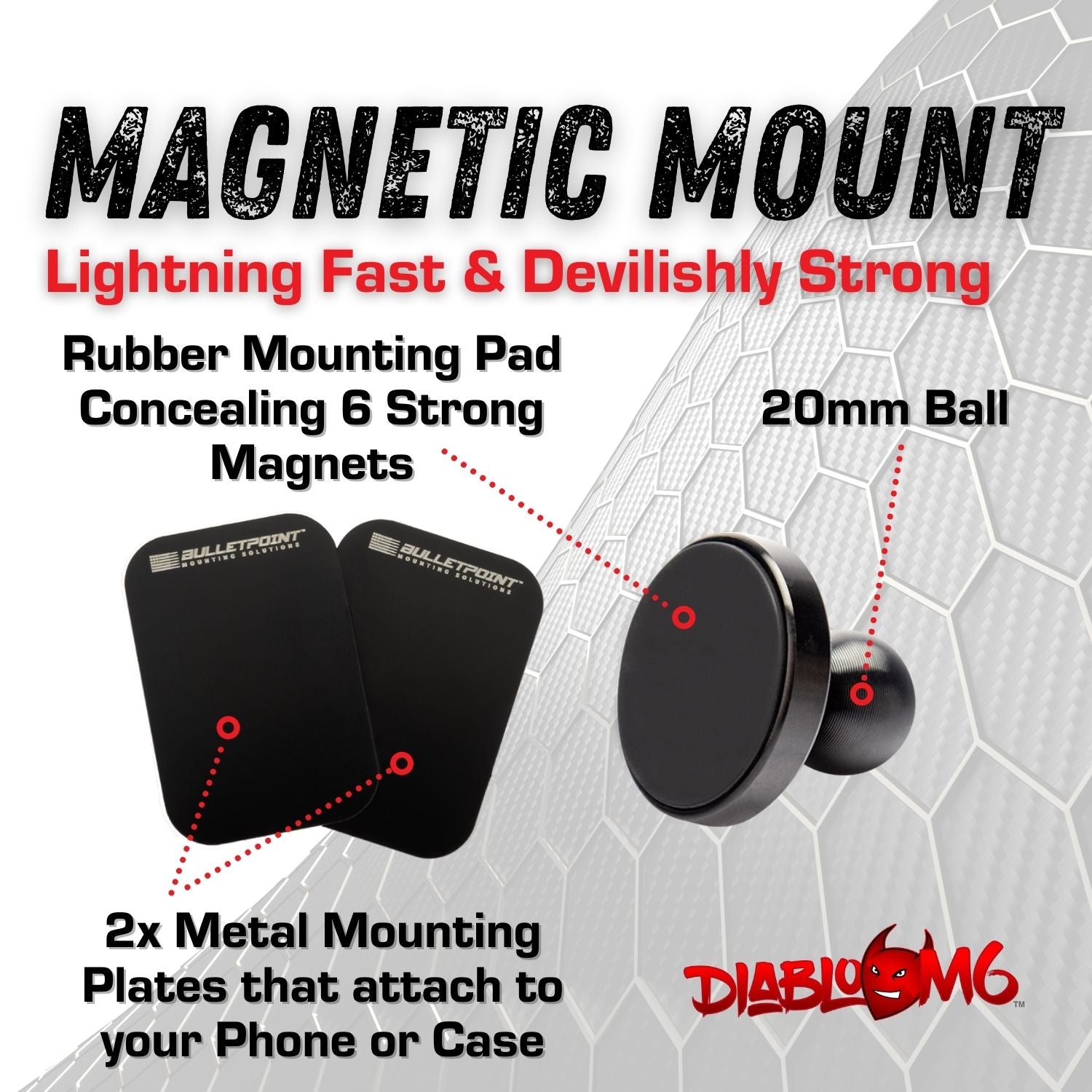 DiabloM6 Magnetic Phone Mount Holder for Jeep Wrangler JK (2007-2010), TJ (97-06) - Universal Application - Single Ball